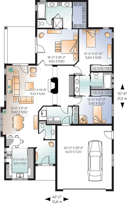 Florida, Mediterranean, One-Story House Plan 76100 with 3 Beds, 3 Baths, 2 Car Garage First Level Plan