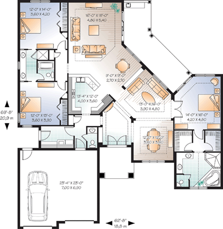 Florida, Mediterranean, One-Story House Plan 76107 with 3 Beds, 3 Baths, 2 Car Garage First Level Plan