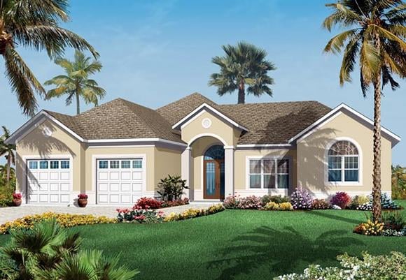 Florida, Mediterranean, One-Story House Plan 76107 with 3 Beds, 3 Baths, 2 Car Garage Elevation