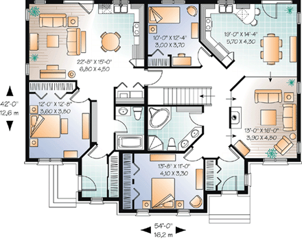 Bungalow, European, Ranch Multi-Family Plan 76172 with 3 Beds, 2 Baths First Level Plan