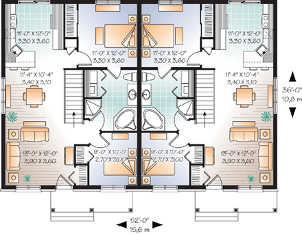Multi-Family Plan 76176 with 2 Beds, 2 Baths First Level Plan