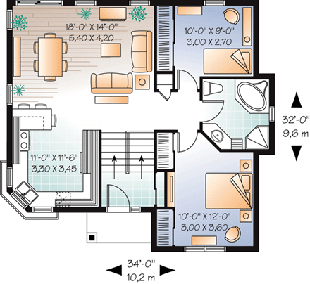 House Plan 76203 with 2 Beds, 1 Baths First Level Plan