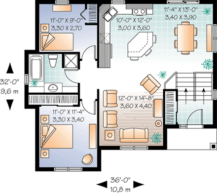 House Plan 76205 with 2 Beds, 1 Baths First Level Plan
