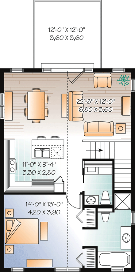 2 Car Garage Apartment Plan 76227 with 1 Beds, 1 Baths Second Level Plan