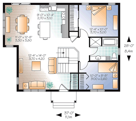 House Plan 76280 with 2 Beds, 1 Baths First Level Plan