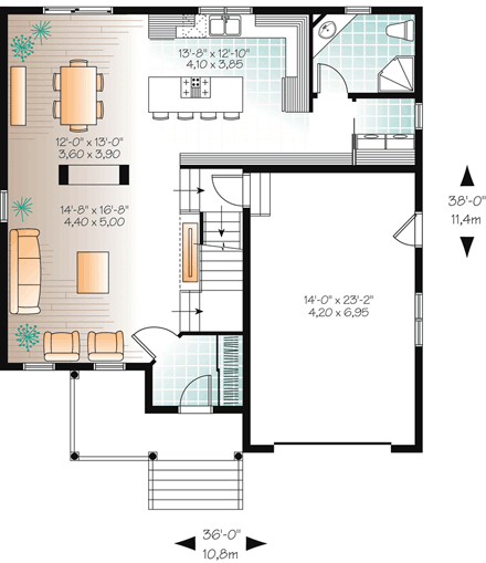 Country, European House Plan 76300 with 3 Beds, 2 Baths, 1 Car Garage First Level Plan