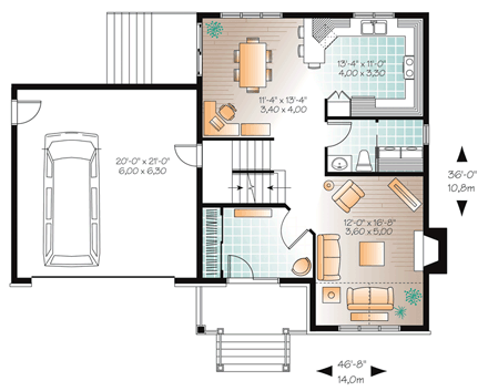 European House Plan 76305 with 3 Beds, 2 Baths, 2 Car Garage First Level Plan