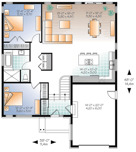 Contemporary, Modern House Plan 76356 with 2 Beds, 1 Baths, 1 Car Garage First Level Plan