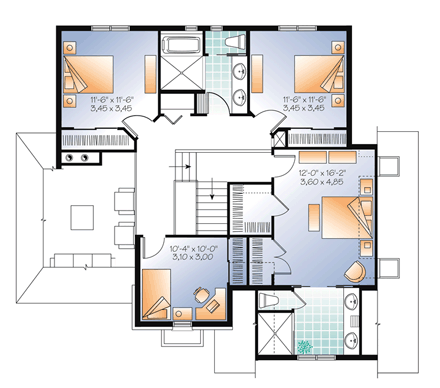 European House Plan 76360 with 4 Beds, 3 Baths, 2 Car Garage Second Level Plan