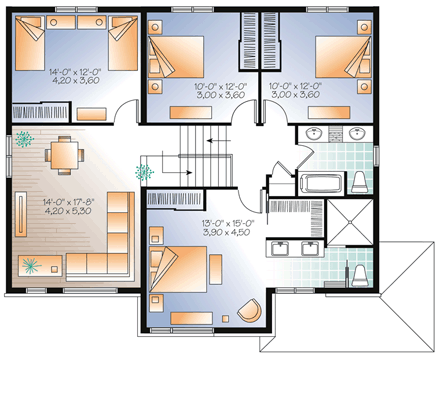 Contemporary House Plan 76370 with 4 Beds, 3 Baths, 1 Car Garage Second Level Plan