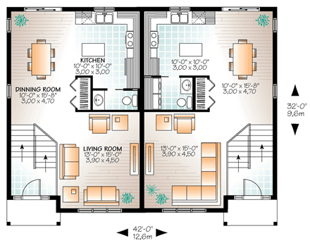 Country Multi-Family Plan 76379 with 5 Beds, 4 Baths First Level Plan