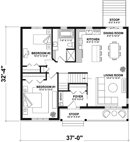 Country, Traditional House Plan 76384 with 2 Beds, 1 Baths First Level Plan