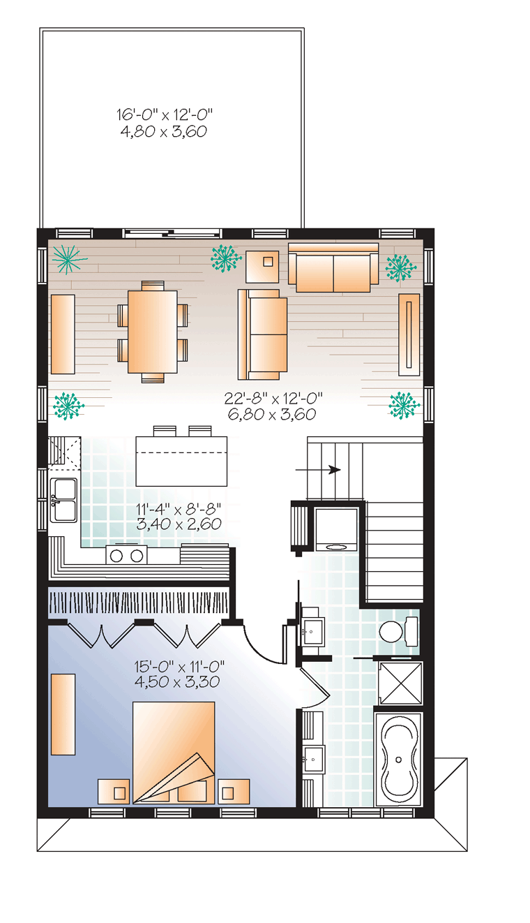 Contemporary, Cottage 1 Car Garage Apartment Plan 76395 with 1 Beds, 2 Baths Level Two