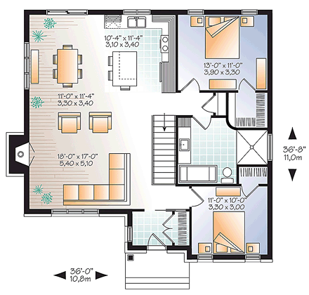Ranch House Plan 76440 with 2 Beds, 1 Baths First Level Plan