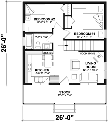 Cabin, Contemporary, Cottage, Country House Plan 76473 with 2 Beds, 1 Baths First Level Plan