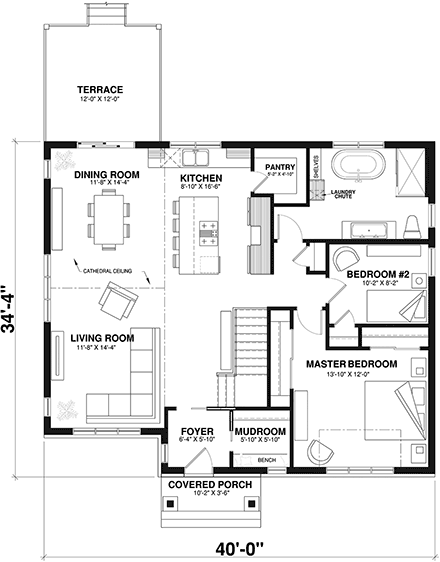 Craftsman, Ranch House Plan 76483 with 2 Beds, 1 Baths, 1 Car Garage First Level Plan