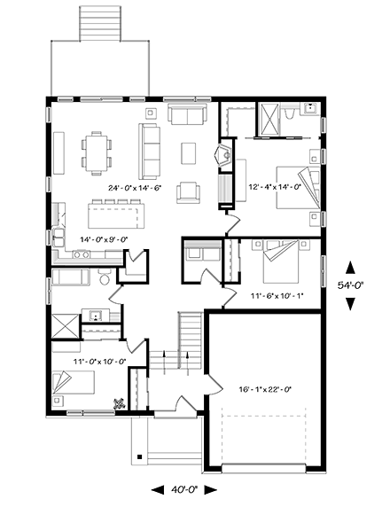 Contemporary, Modern House Plan 76484 with 3 Beds, 2 Baths, 1 Car Garage First Level Plan