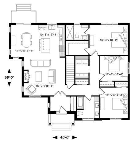 Country, Craftsman, Modern, Ranch House Plan 76487 with 3 Beds, 2 Baths First Level Plan