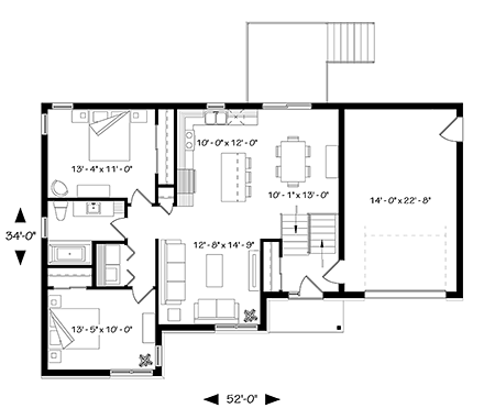 Contemporary, Modern, Ranch House Plan 76493 with 2 Beds, 1 Baths, 1 Car Garage First Level Plan