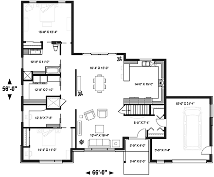 Bungalow, Contemporary, European, Modern House Plan 76517 with 2 Beds, 1 Baths, 1 Car Garage First Level Plan