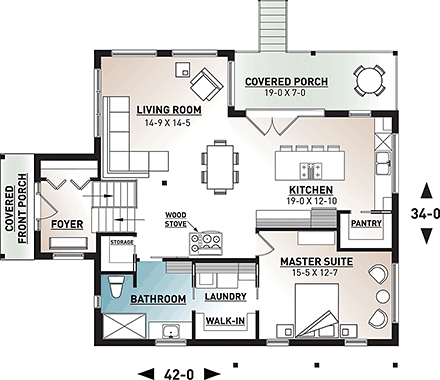 Contemporary, Cottage, Country, Modern, Ranch House Plan 76520 with 1 Beds, 1 Baths First Level Plan