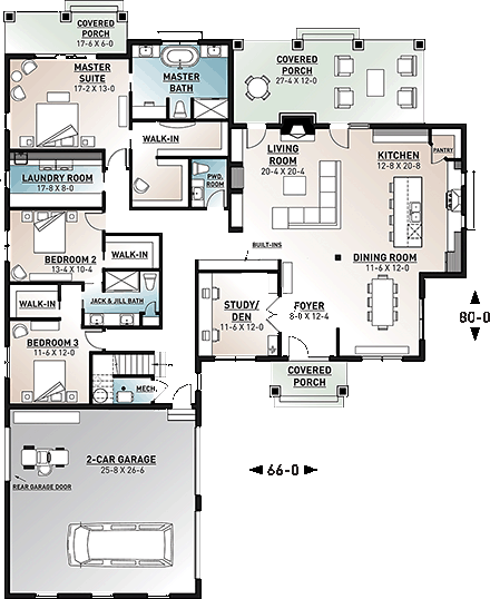 Cottage, Craftsman, Farmhouse House Plan 76523 with 3 Beds, 3 Baths, 2 Car Garage First Level Plan