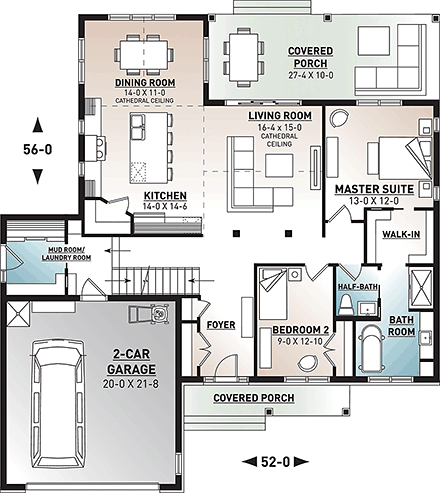 Bungalow House Plan 76524 with 2 Beds, 2 Baths, 2 Car Garage First Level Plan