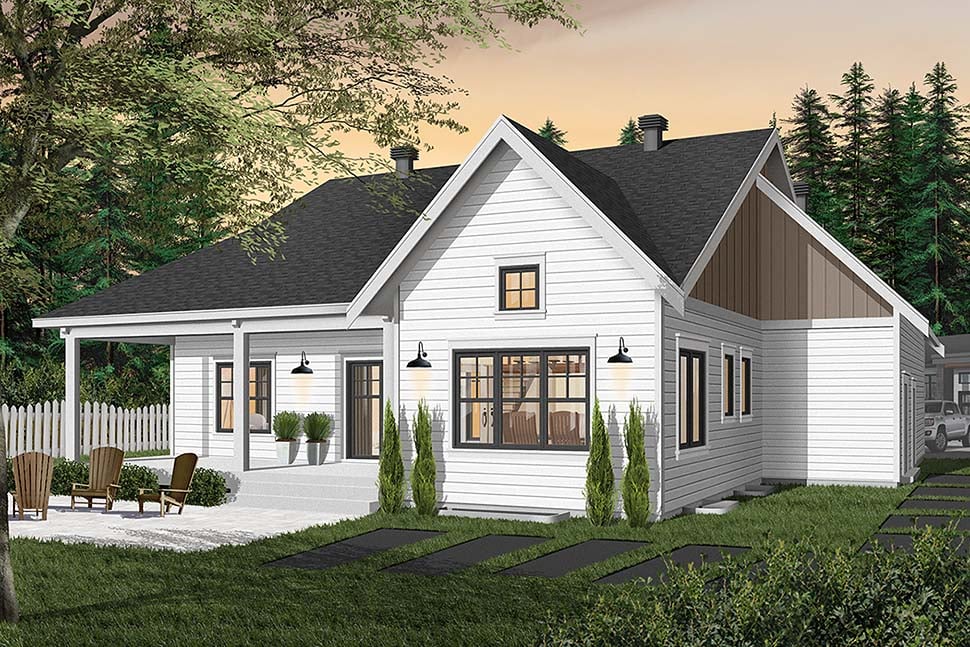 Bungalow Plan with 1556 Sq. Ft., 2 Bedrooms, 2 Bathrooms, 2 Car Garage Rear Elevation