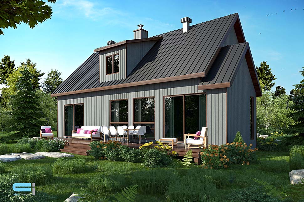 Cabin, Cottage Plan with 1587 Sq. Ft., 3 Bedrooms, 2 Bathrooms Rear Elevation