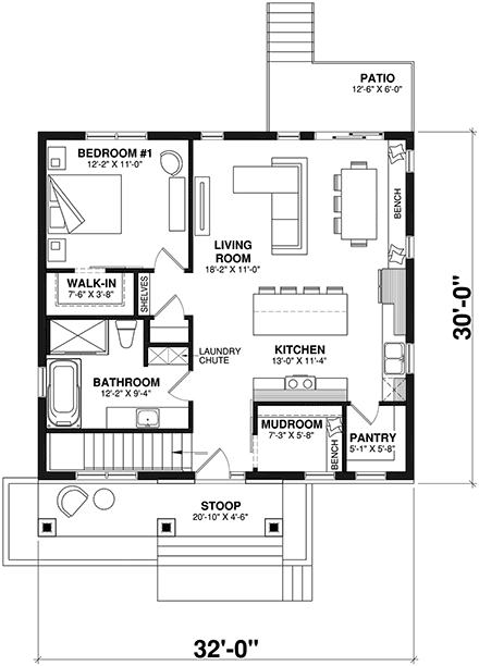 Bungalow, Contemporary, Cottage House Plan 76528 with 3 Beds, 2 Baths First Level Plan