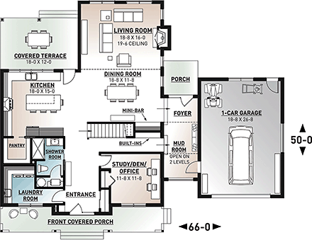 Colonial, Farmhouse, Traditional House Plan 76544 with 3 Beds, 3 Baths, 1 Car Garage First Level Plan