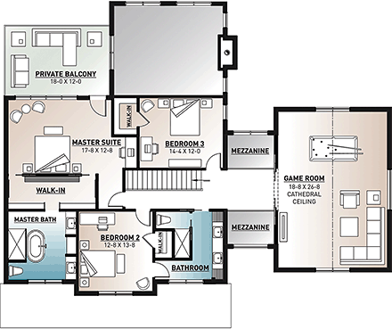 Colonial, Farmhouse, Traditional House Plan 76544 with 3 Beds, 3 Baths, 1 Car Garage Second Level Plan