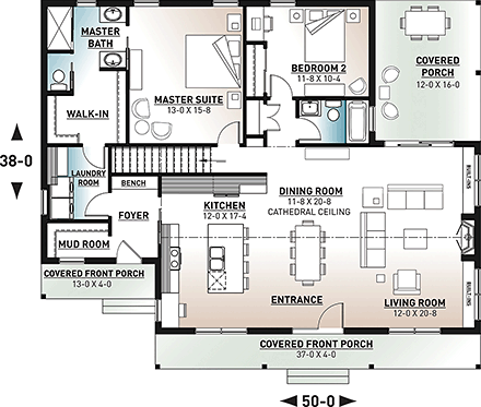 Cottage House Plan 76545 with 2 Beds, 2 Baths First Level Plan