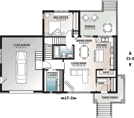 Cabin, Contemporary, Cottage, Modern House Plan 76547 with 2 Beds, 2 Baths, 1 Car Garage First Level Plan