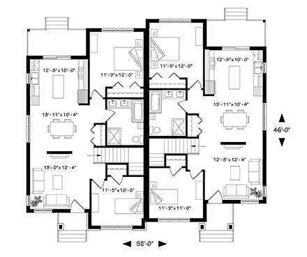 Contemporary, Modern Multi-Family Plan 76548 with 4 Beds, 2 Baths First Level Plan