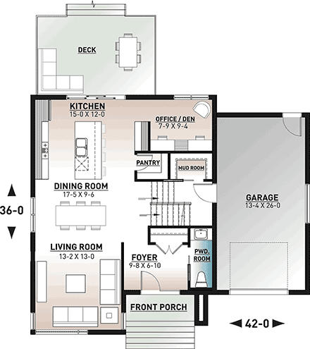 Modern House Plan 76564 with 3 Beds, 2 Baths, 1 Car Garage First Level Plan