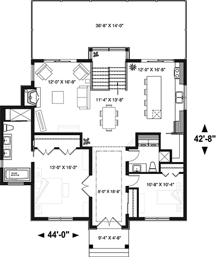 Cabin, Contemporary, Cottage, Modern House Plan 76571 with 4 Beds, 3 Baths First Level Plan