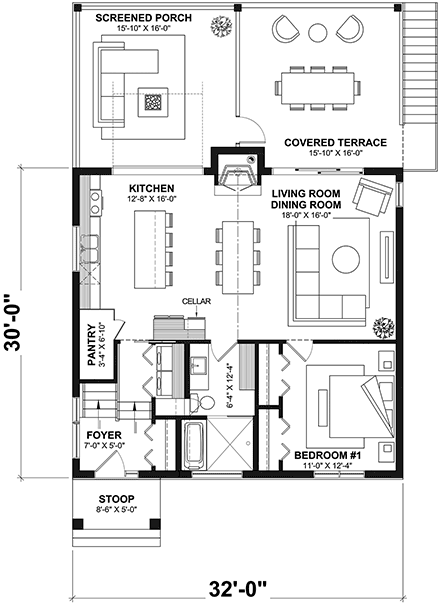 Cabin, Contemporary, Cottage, Modern House Plan 76576 with 2 Beds, 1 Baths First Level Plan