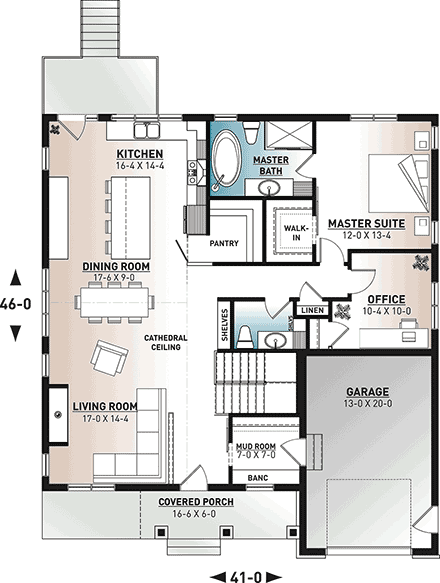 Craftsman, Farmhouse, Ranch House Plan 76579 with 3 Beds, 3 Baths, 1 Car Garage First Level Plan