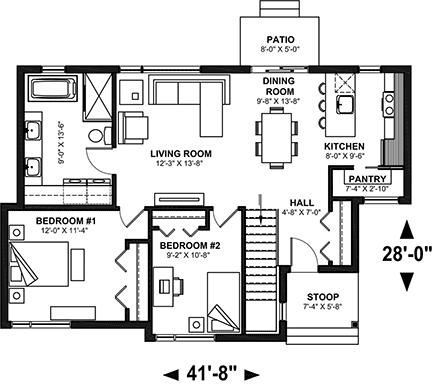 Bungalow, Contemporary House Plan 76584 with 2 Beds, 1 Baths First Level Plan