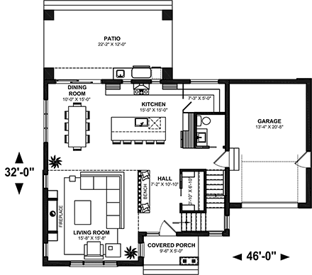 Contemporary, Modern House Plan 76586 with 3 Beds, 3 Baths, 1 Car Garage First Level Plan