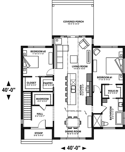 Contemporary, Cottage, Modern House Plan 76587 with 2 Beds, 1 Baths First Level Plan