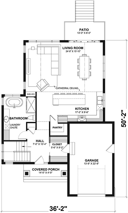 Cabin, Contemporary, Cottage, Craftsman, Farmhouse, Modern House Plan 76590 with 3 Beds, 2 Baths, 1 Car Garage First Level Plan