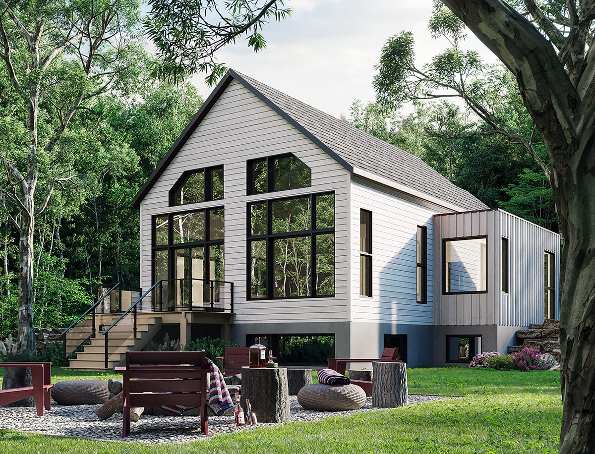 Cabin, Contemporary, Cottage, Craftsman, Farmhouse, Modern Plan with 2080 Sq. Ft., 3 Bedrooms, 2 Bathrooms, 1 Car Garage Rear Elevation