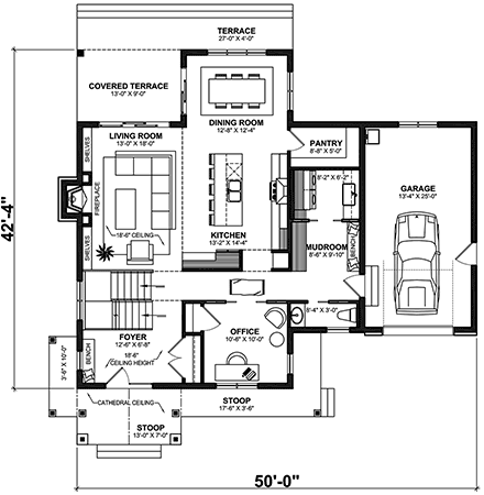 Country, Craftsman, Farmhouse House Plan 76595 with 4 Beds, 3 Baths, 1 Car Garage First Level Plan