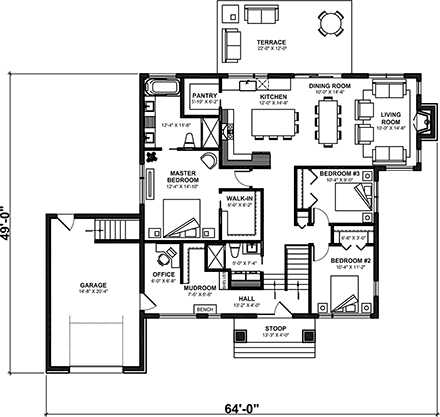 Craftsman, Farmhouse, Ranch House Plan 76598 with 3 Beds, 2 Baths, 1 Car Garage First Level Plan