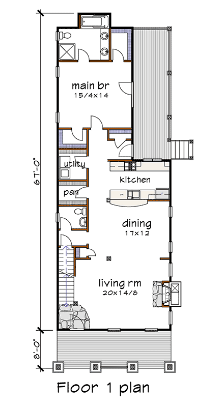 Bungalow, Craftsman, Narrow Lot House Plan 76605 with 4 Beds, 4 Baths First Level Plan