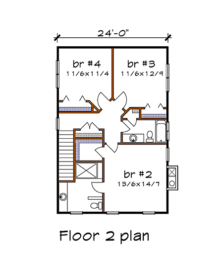 Bungalow, Craftsman, Narrow Lot House Plan 76605 with 4 Beds, 4 Baths Second Level Plan