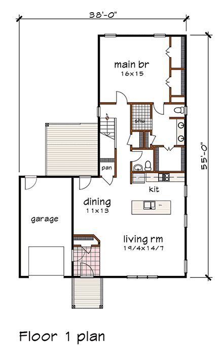 Contemporary, Modern House Plan 76622 with 3 Beds, 3 Baths, 1 Car Garage First Level Plan