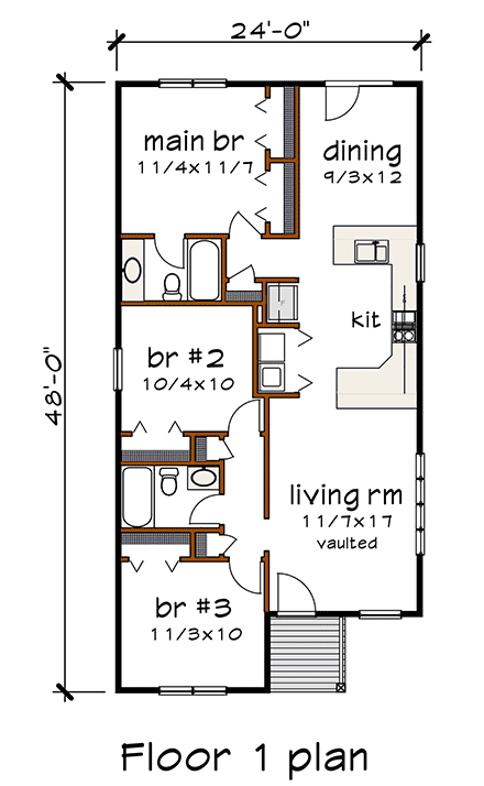 Bungalow, Contemporary, Cottage House Plan 76625 with 3 Beds, 2 Baths First Level Plan